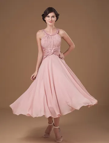 Chiffon Ruffle Halter Beading Te Lengde Modre Av Bruden Gjester Kjoler