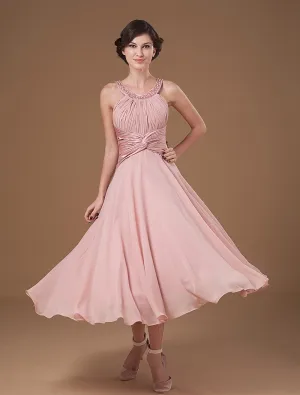 Halter Volantes Bordoneado Longitud De Té Gasa Vestidos De Madrina