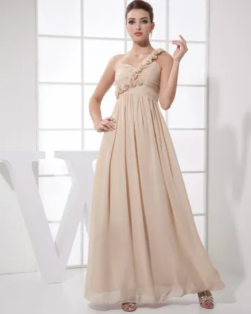 Liefje Bloem Geplooide Mouwloze Rits Vloer Lengte Chiffon Zijde Vrouw Bruidsmeisjes Jurken