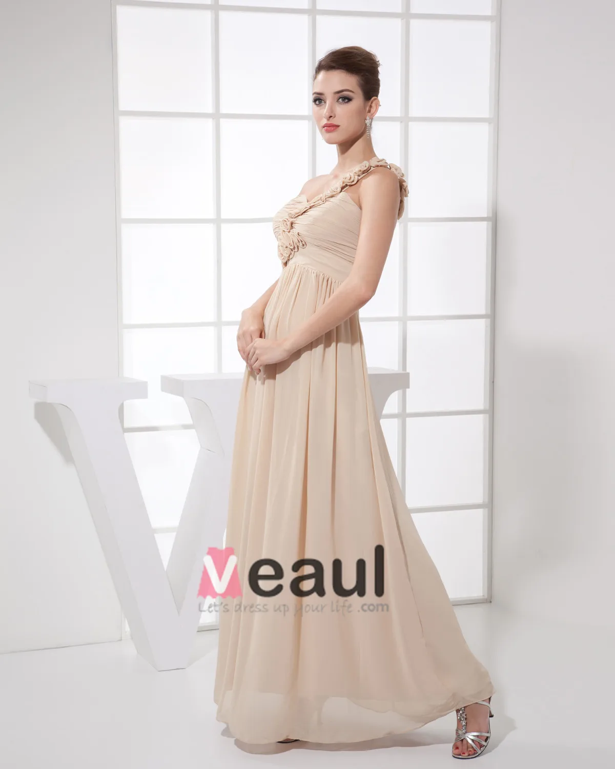 Kjaereste Blomst Plissert Ermelos Glidelas Gulv Lengde Chiffon Silke Kvinne Brudepikekjoler