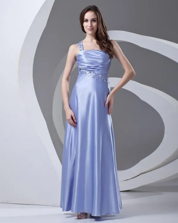 One Shoulder Beading Pleated Ankle Length Charmeuse Woman Prom Dress