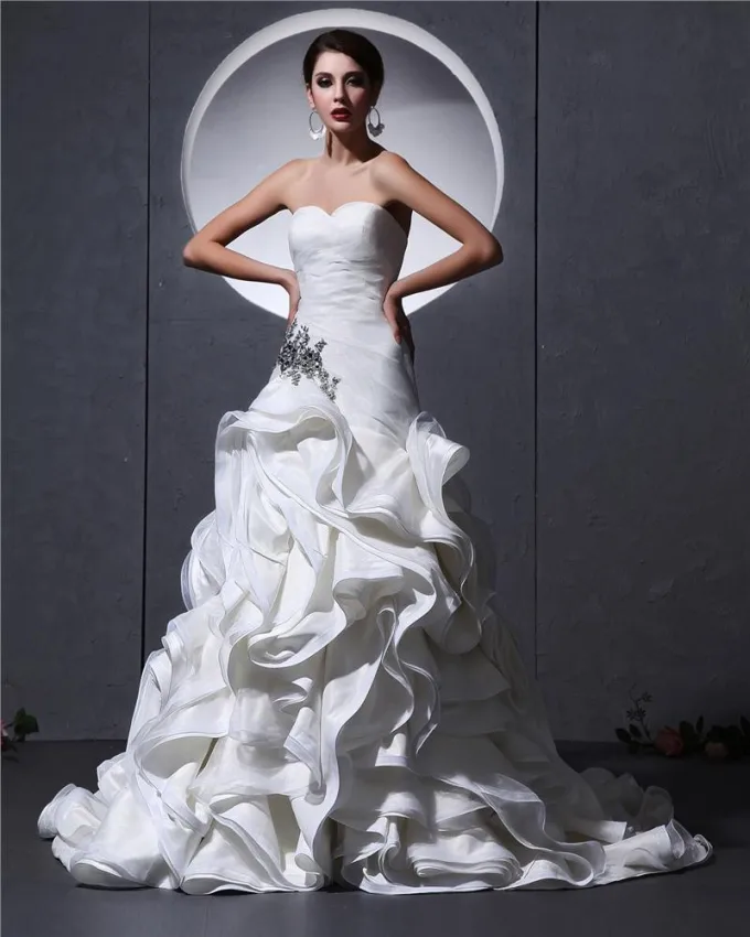 Elegant Organza Ruffles Kjaereste Kapell Tog Brude Havfrue Brudekjoler Bryllupskjoler