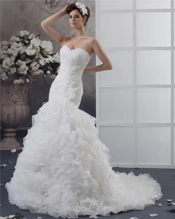 Beading Ruffles Applikasjon Kjaereste Gulv Lengde Garn Havfrue Brudekjoler Bryllupskjoler