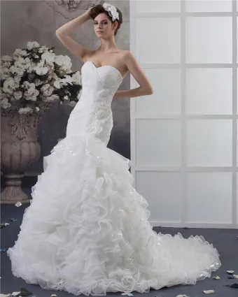 Beading Ruffles Applique Sweetheart Floor Length Yarn Mermaid Wedding Dress