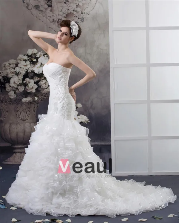 Beading Ruffles Applique Sweetheart Floor Length Yarn Mermaid Wedding Dress