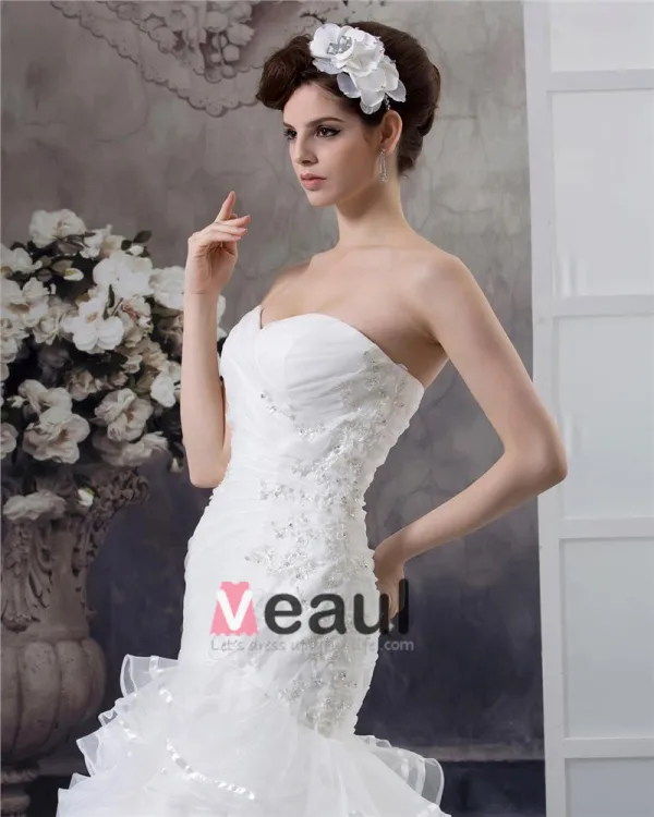 Beading Ruffles Applique Sweetheart Floor Length Yarn Mermaid Wedding Dress