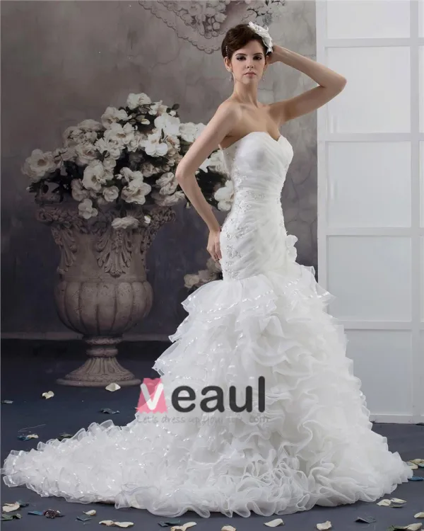 Beading Ruffles Applique Sweetheart Floor Length Yarn Mermaid Wedding Dress