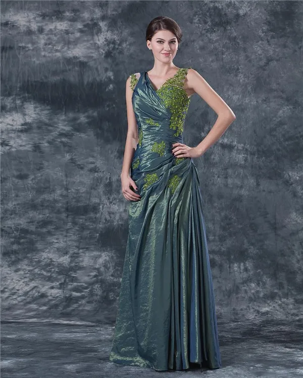 Satin V Hals Krusning Applikasjon Gulv Lengde Modre Av Bruden Gjester Kjoler