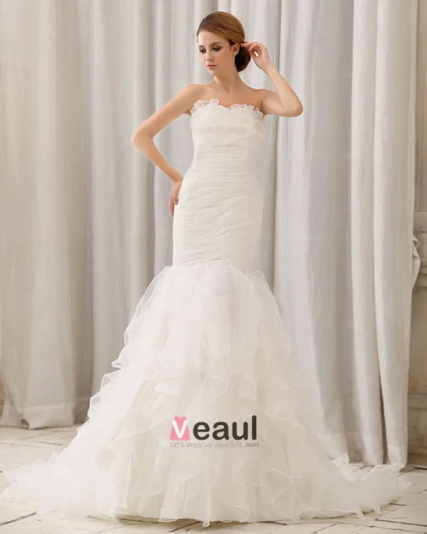 Stylish Ruffle Floor Length Semi-cathedral Strapless Organza Mermaid Wedding Dress