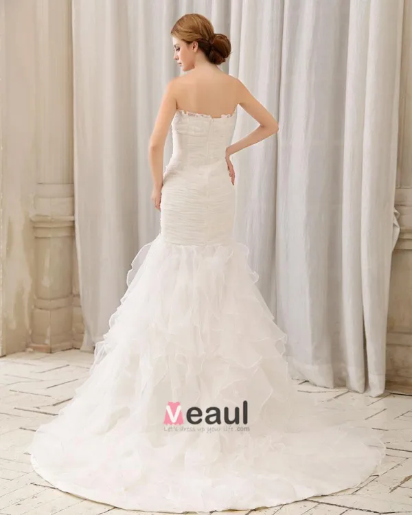 Stylish Ruffle Floor Length Semi-cathedral Strapless Organza Mermaid Wedding Dress