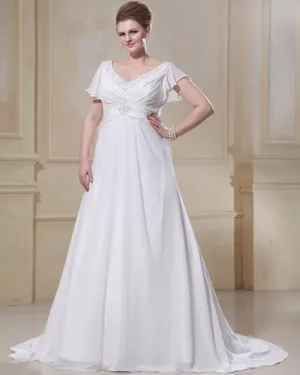 Chiffon Ruffle Beaded V Neck Plus Size Bridal Gown Wedding Dresses