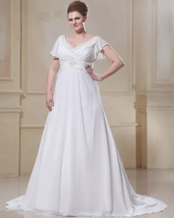 Chiffon Ruffle Beaded V Hals Pluss Storrelsen Brudekjoler Bryllupskjoler