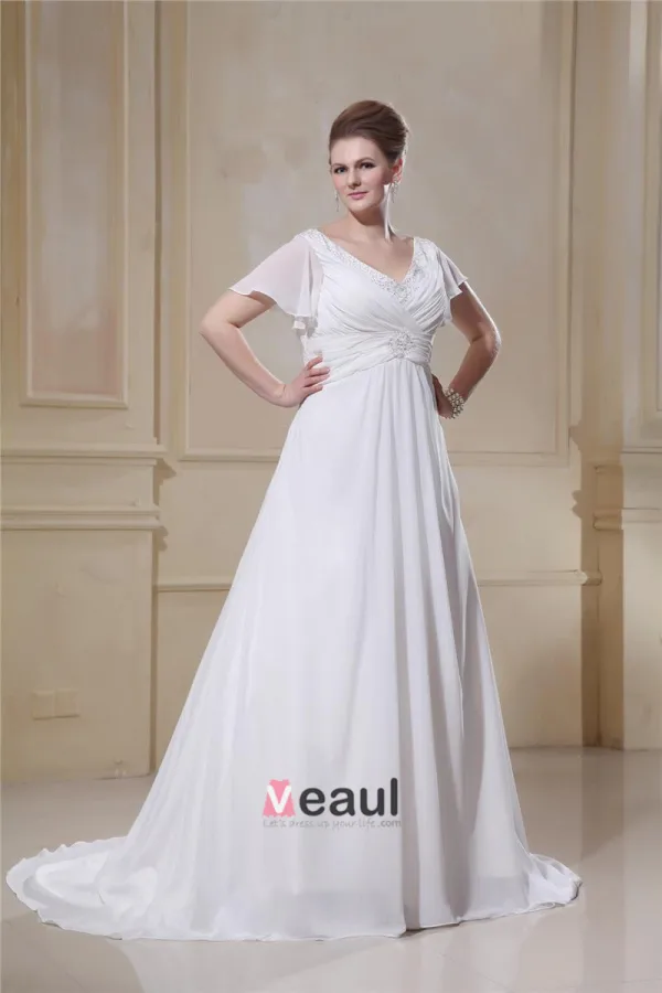 Volants Mousseline De Soie Perlee Col En V, Plus La Taille De Mariée Robes De Mariage De Robe