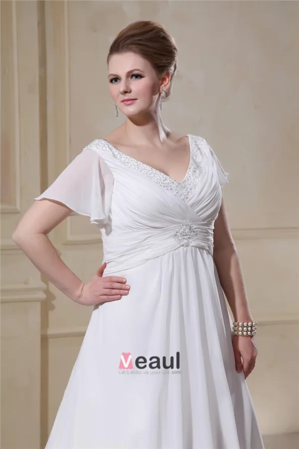 Volants Mousseline De Soie Perlee Col En V, Plus La Taille De Mariée Robes De Mariage De Robe