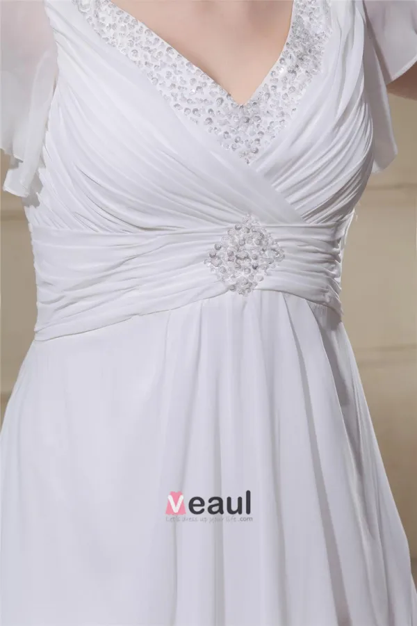 Volants Mousseline De Soie Perlee Col En V, Plus La Taille De Mariée Robes De Mariage De Robe