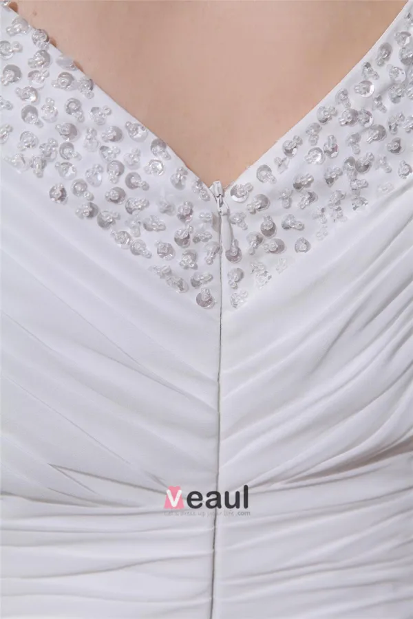 Volants Mousseline De Soie Perlee Col En V, Plus La Taille De Mariée Robes De Mariage De Robe