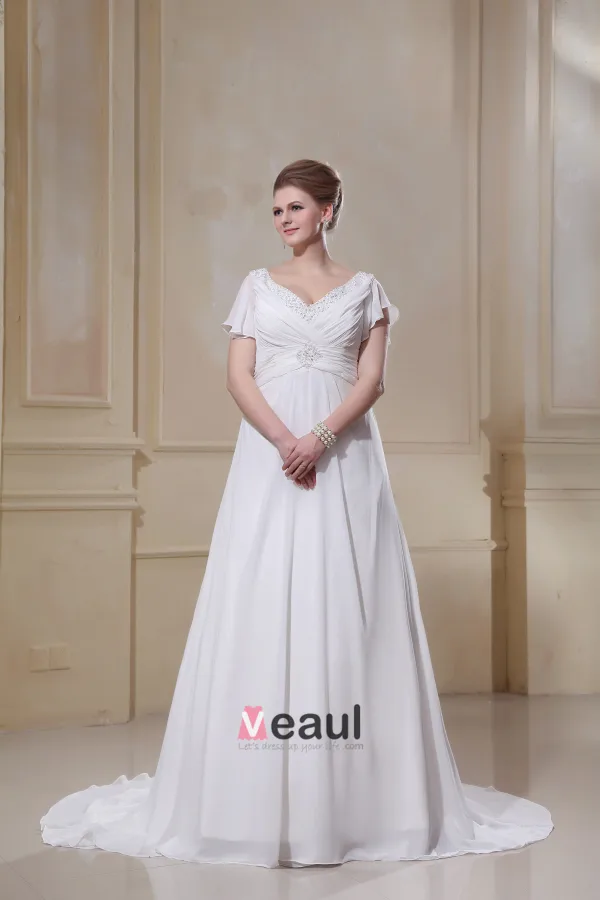 Volants Mousseline De Soie Perlee Col En V, Plus La Taille De Mariée Robes De Mariage De Robe