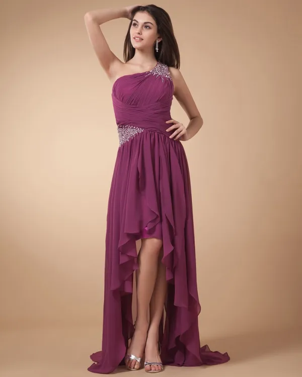 Popular Ruffle Beading Sweetheart Chiffon Asymmetrical Length Prom Dresses