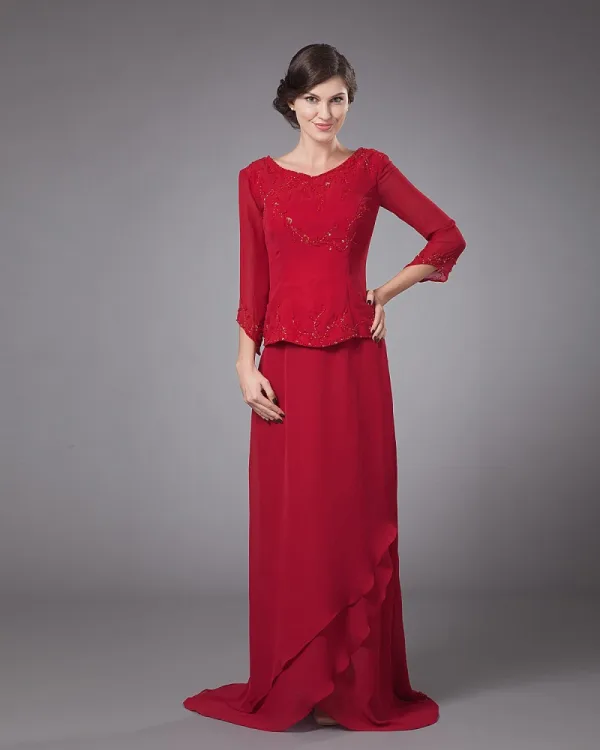 Chiffon Beading Plisserte Rund Hals Ankel Lengde Modre Av Bruden Gjester Kjoler