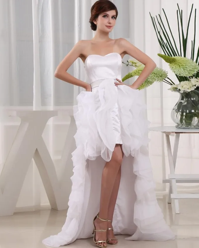 Organza Silke Krusning Kjaereste Ermelos Asymmetrisk Lengde Mini Brudekjoler Bryllupskjoler