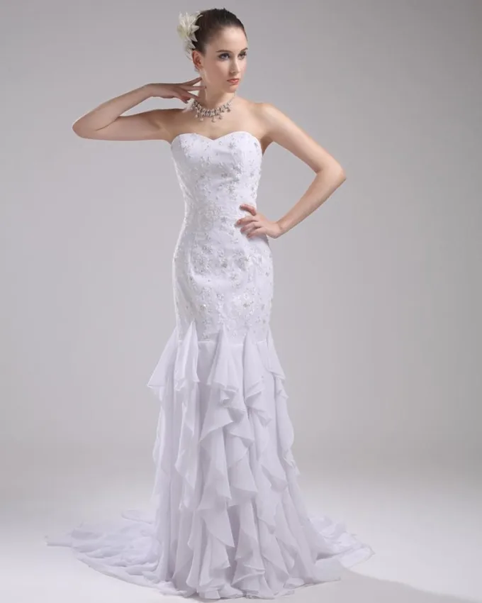 Fashion Chiffon Imitasjon Silke Frynse Kjaereste Gulv Lengde Havfrue Brudekjoler Bryllupskjoler