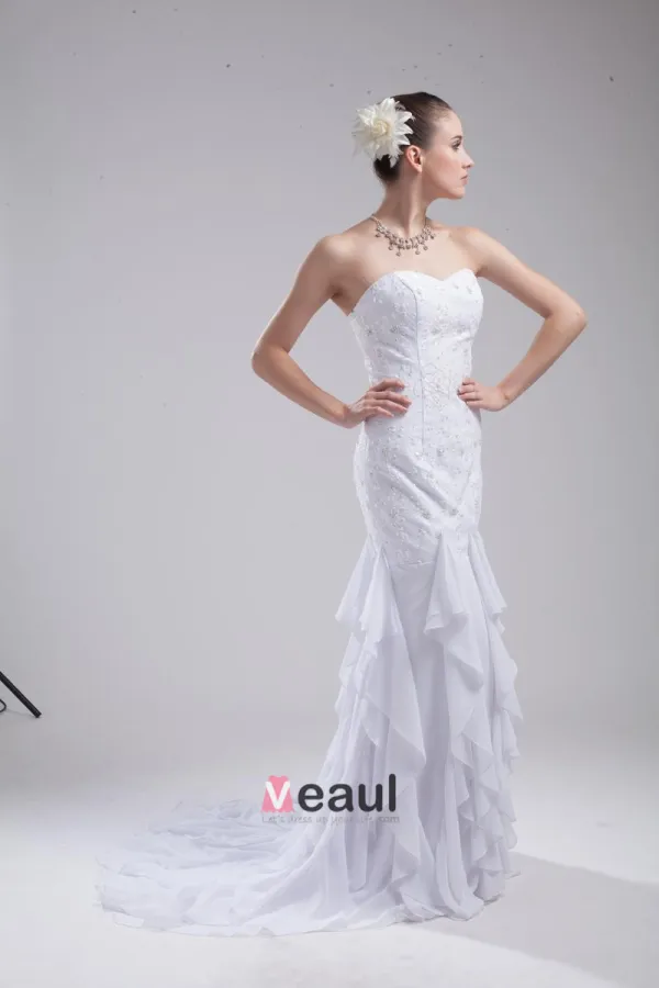 Fashion Chiffon Imitation Silk Ruffle Beading Sweetheart Floor Length Mermaid Wedding Dress
