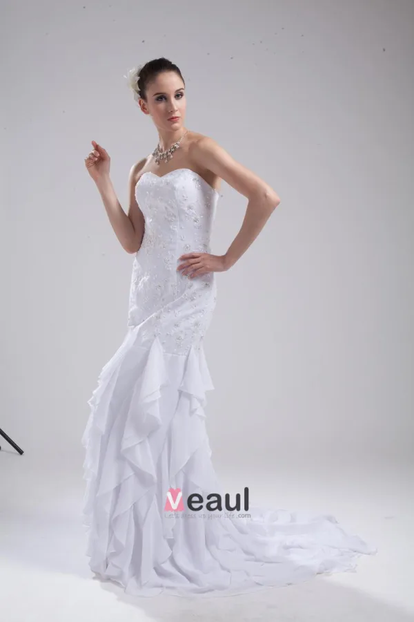 Fashion Chiffon Imitation Silk Ruffle Beading Sweetheart Floor Length Mermaid Wedding Dress