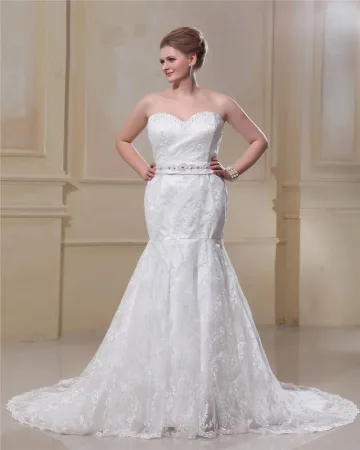 Trompette Bretelles Balayage Satin Dentelle Plus La Robe De Mariage De Taille