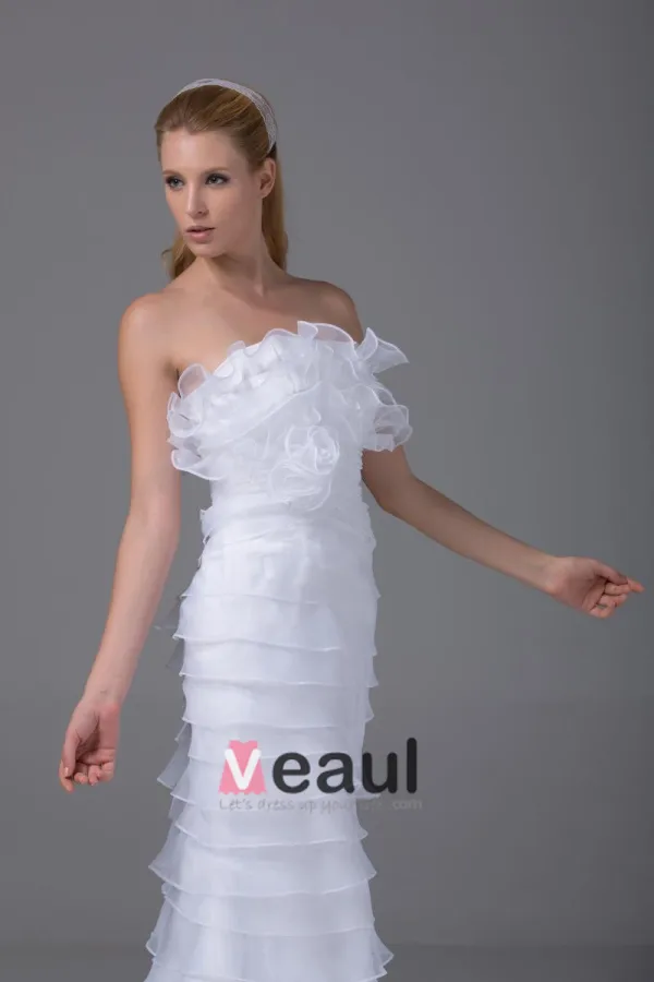 Charming Style Strapless Floor Length Ruffles Organza Women Sheath Wedding Dress