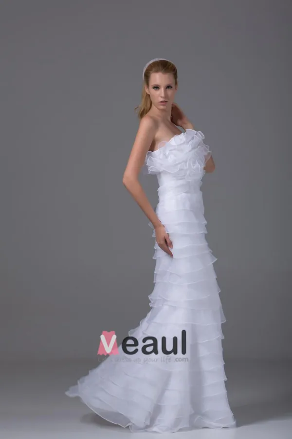 Charming Style Strapless Floor Length Ruffles Organza Women Sheath Wedding Dress