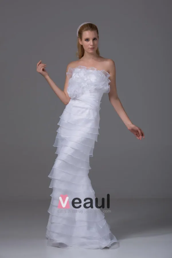 Charming Style Strapless Floor Length Ruffles Organza Women Sheath Wedding Dress