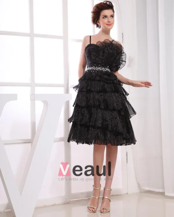 Satin Yarn Ruffle Beading Spaghetti Straps Knee Length Tiered Cocktail Dress
