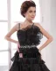 Satin Yarn Ruffle Beading Spaghetti Straps Knee Length Tiered Cocktail Dress