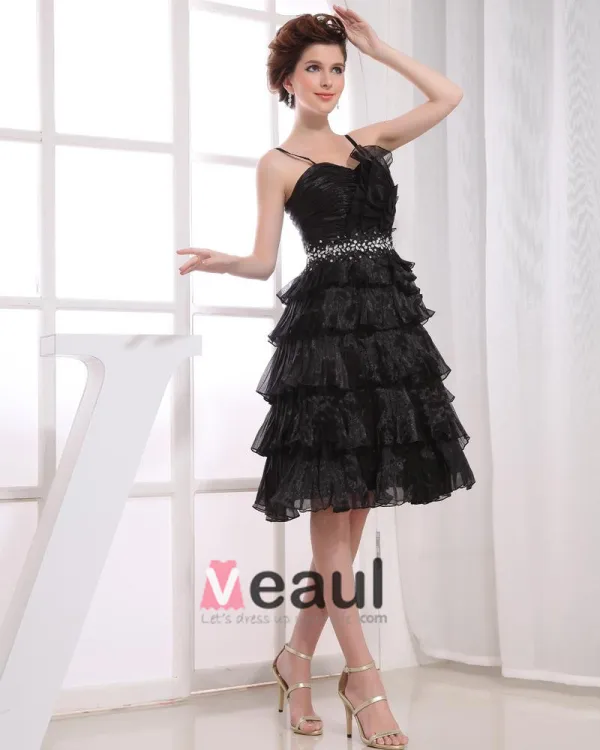Satin Yarn Ruffle Beading Spaghetti Straps Knee Length Tiered Cocktail Dress