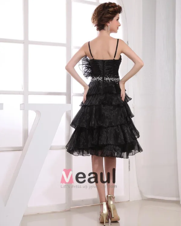 Satin Yarn Ruffle Beading Spaghetti Straps Knee Length Tiered Cocktail Dress