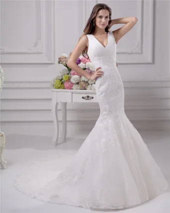 Decollete En V Etage Longueur Satin Dentelle Femmes Robe De Mariée Sirène