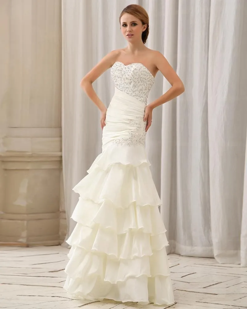 Stilig Slank Paljett Krusning Gulv Lengde Stroppelos Taffeta Havfrue Brudekjoler Bryllupskjoler