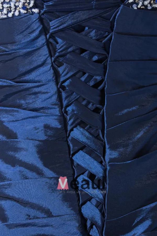 Stilig Taffeta Silke Kjaereste Beading Ermelos Rygglose Mini Krusning Cocktail Kjoler Festkjoler