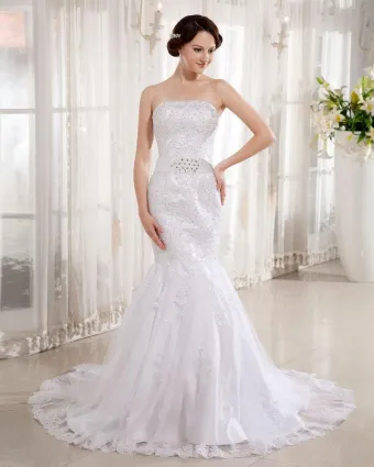 Lace Satin Strapless Applique Beaded Cathedral Train Mermaid Wedding Dresses