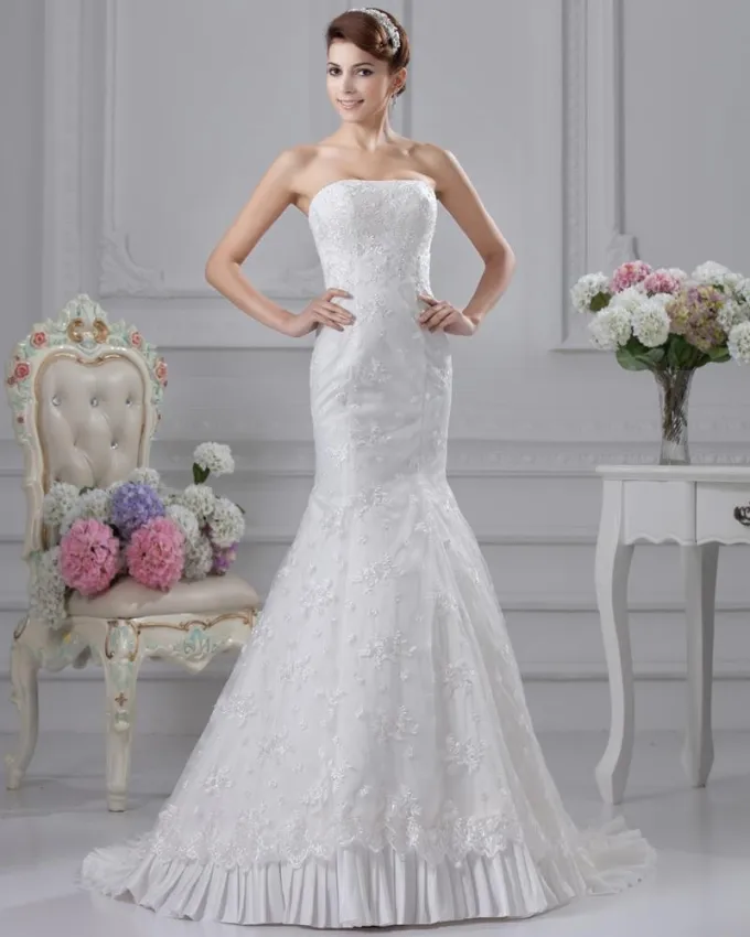 Lace Stroppelos Beading Applikasjon Domstol Havfrue Brudekjoler Bryllupskjoler