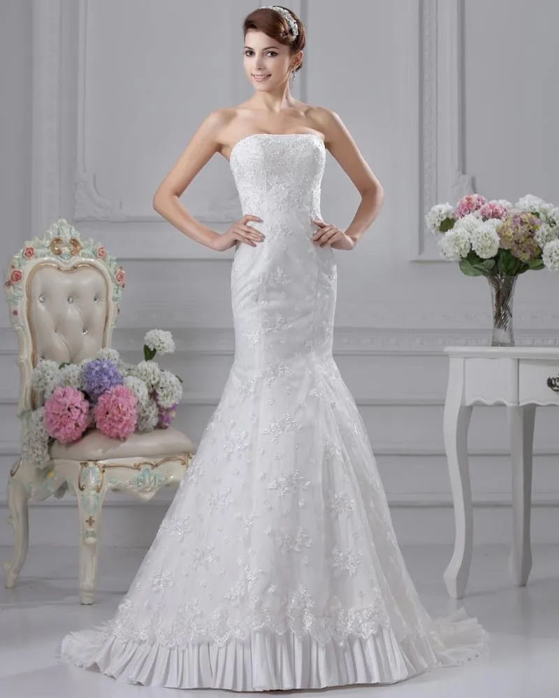 Lace Stroppelos Beading Applikasjon Domstol Havfrue Brudekjoler Bryllupskjoler