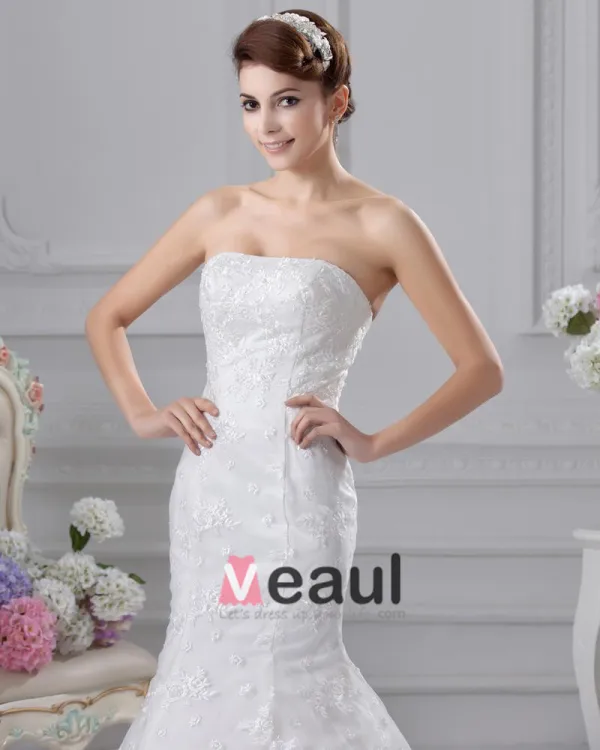 Lace Strapless Beading Applique Court Mermaid Bridal Gown Wedding Dresses