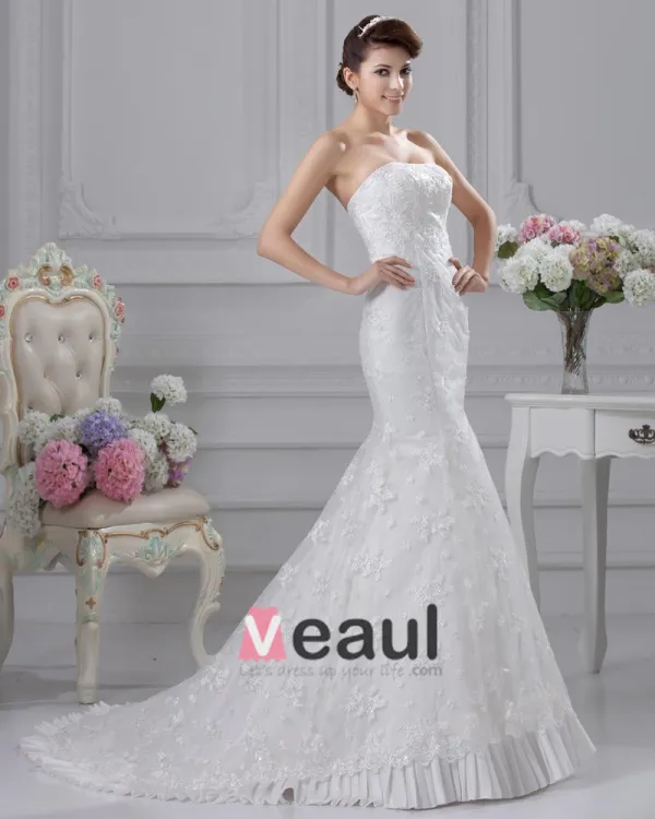 Lace Strapless Beading Applique Court Mermaid Bridal Gown Wedding Dresses