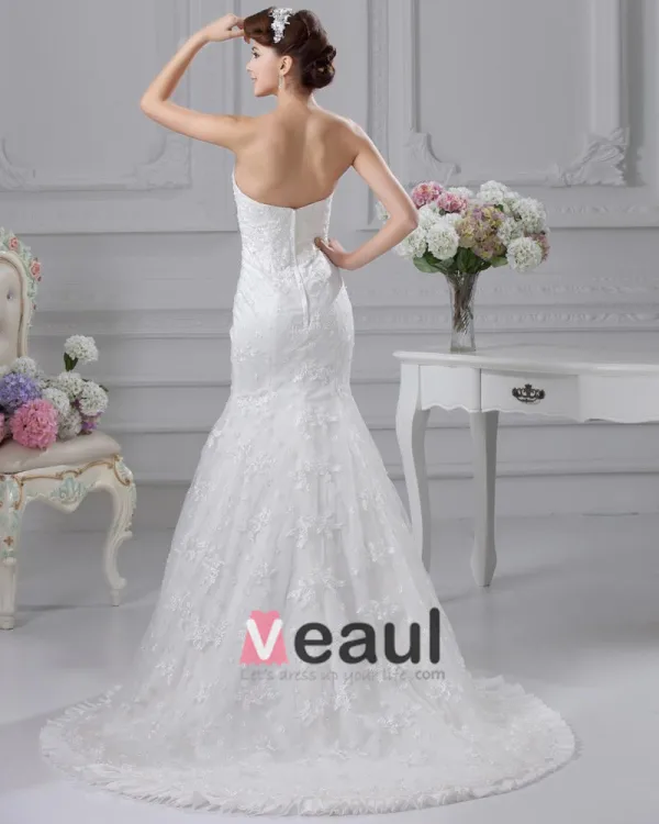 Lace Strapless Beading Applique Court Mermaid Bridal Gown Wedding Dresses