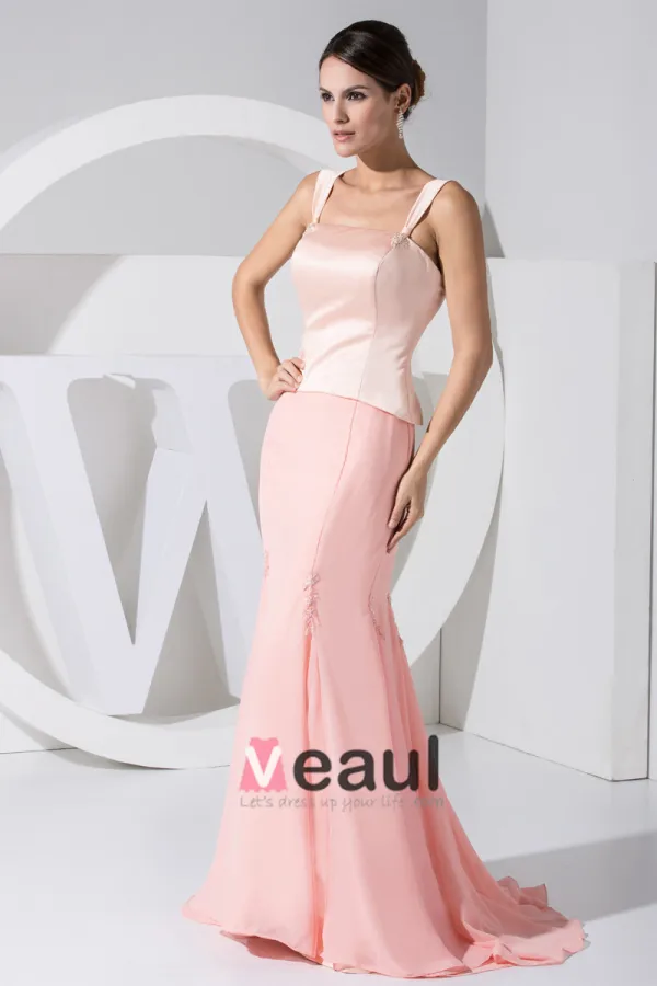 Chiffon Satin Silk Beading Shoulder Straps Floor Length Mother of the Bride Dress