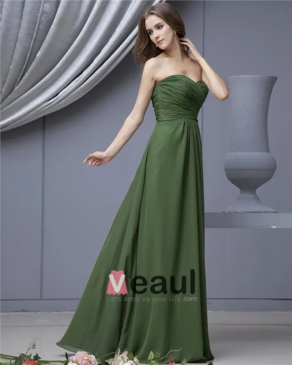 Fashion Empire Strapless Brush Train Satin Chiffon Bridesmaid Wedding Dress