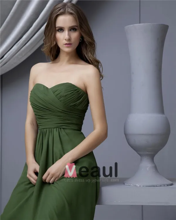 Fashion Empire Strapless Brush Train Satin Chiffon Bridesmaid Wedding Dress