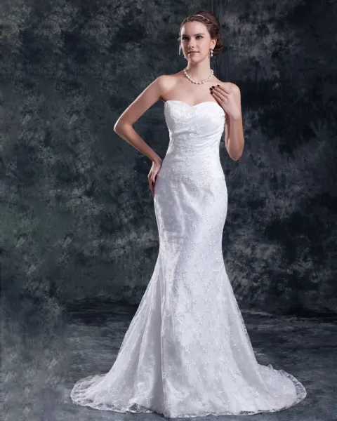 Lace Flower Sequins Sweetheart Court Train Sheath Wedding Dress