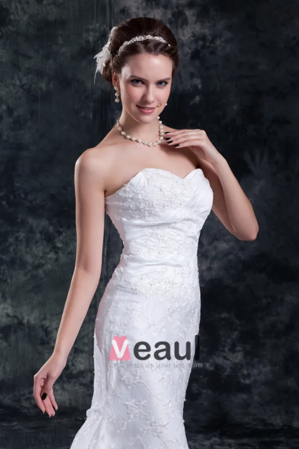 Lace Flower Sequins Sweetheart Court Train Sheath Wedding Dress
