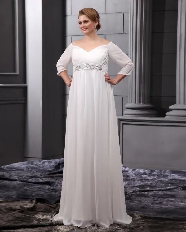 Chiffon Beads V Neck Floor Length Plus Size Bridal Gown Wedding Dress